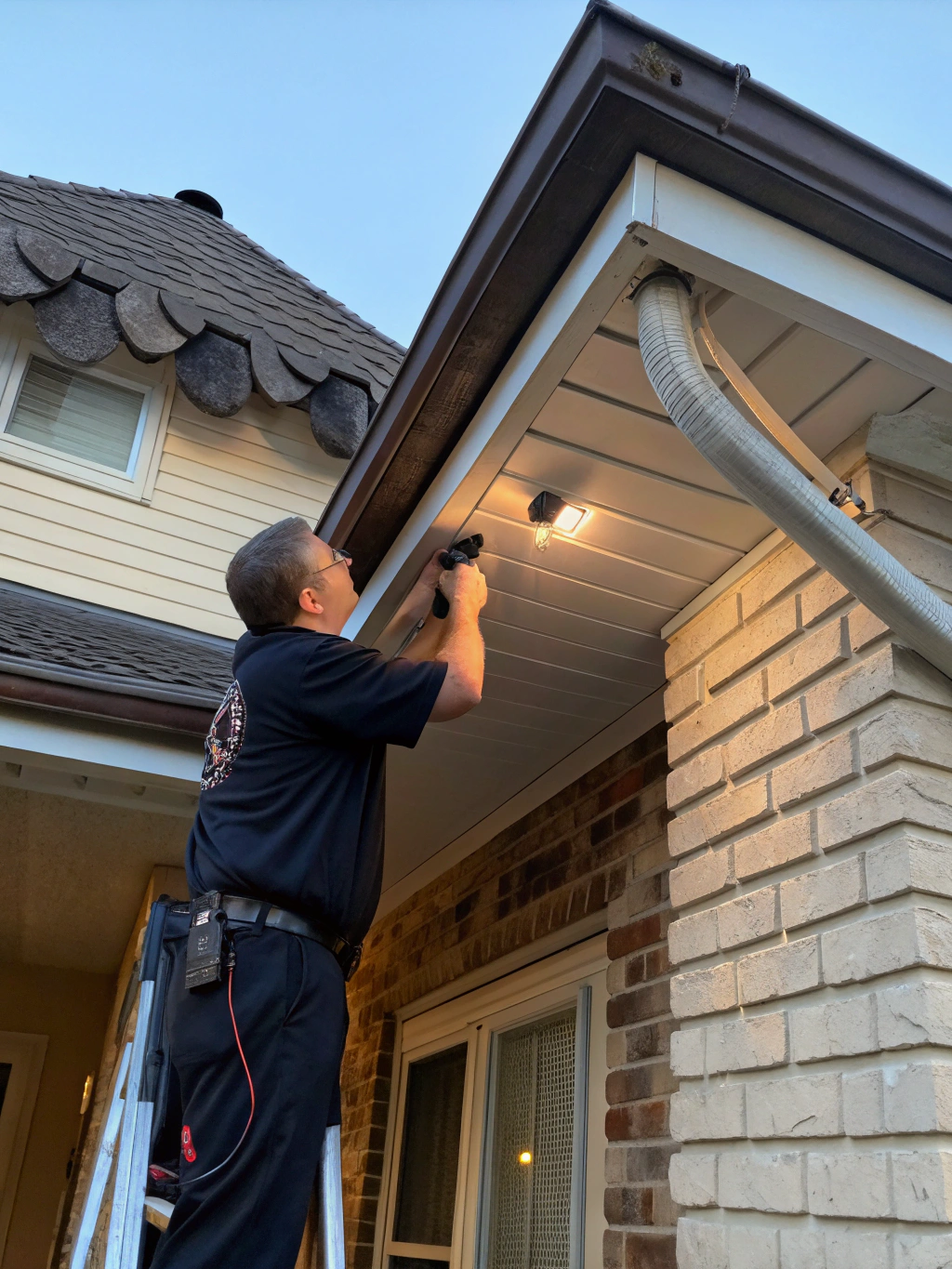 Technician inspecting a soffit and gutter line for bat entry points