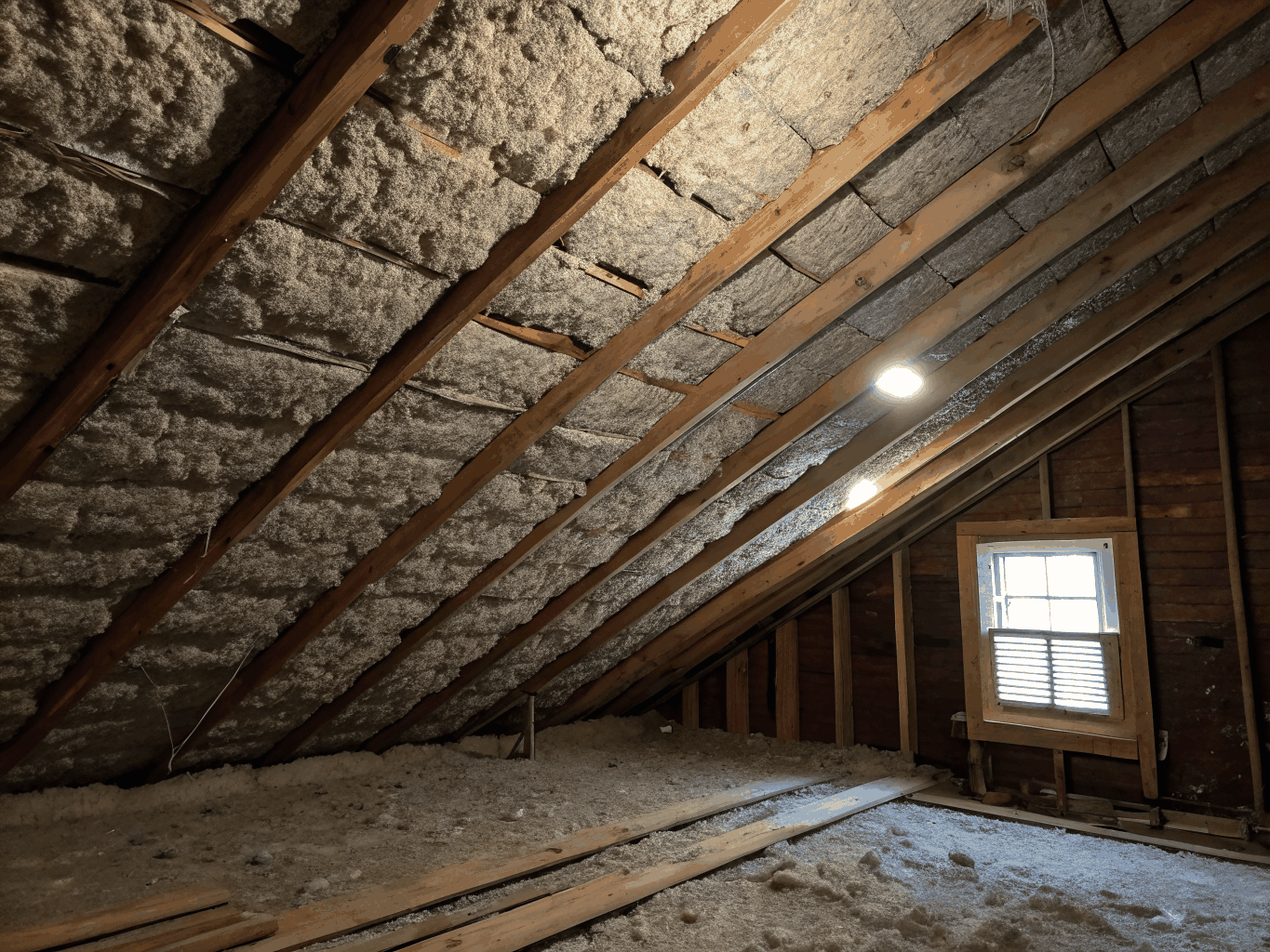 Close up of attic insulation showing signs of animal activity