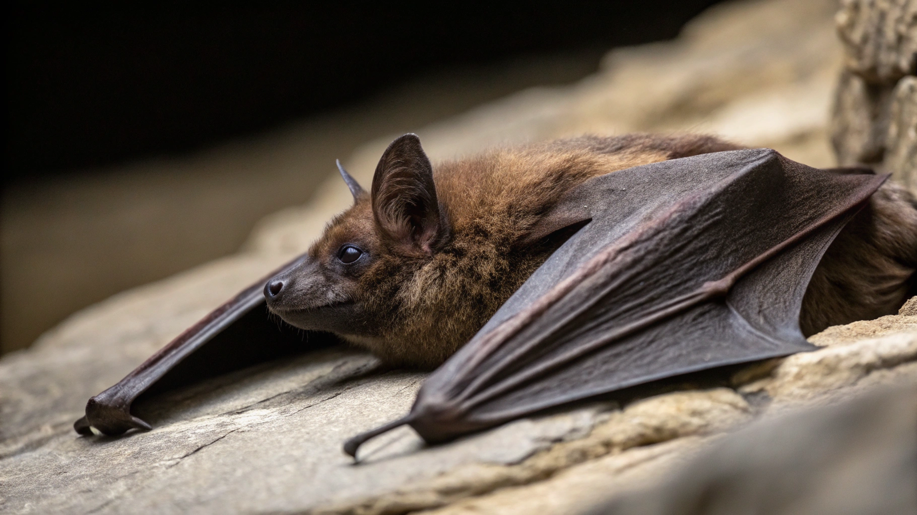 Brown bat resting on a rock ledge
