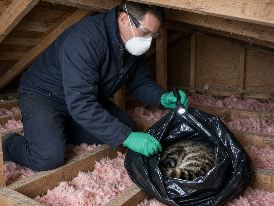 Technician in mask and gloves bagging a dead raccoon in an attic for removal