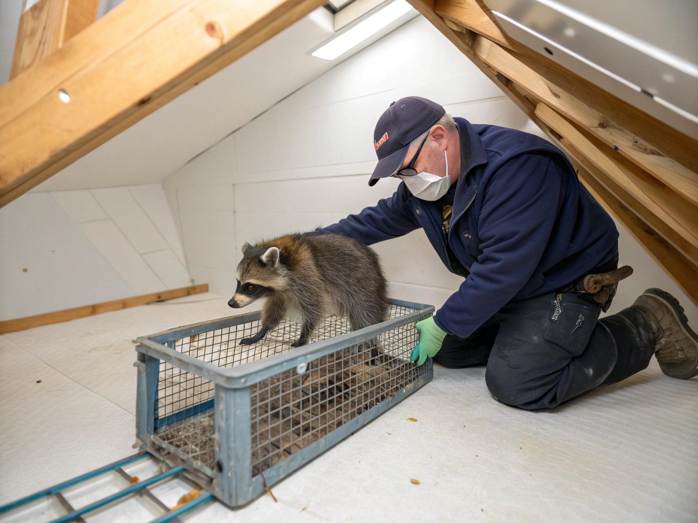 Technician with a live raccoon in a cage trap in an attic