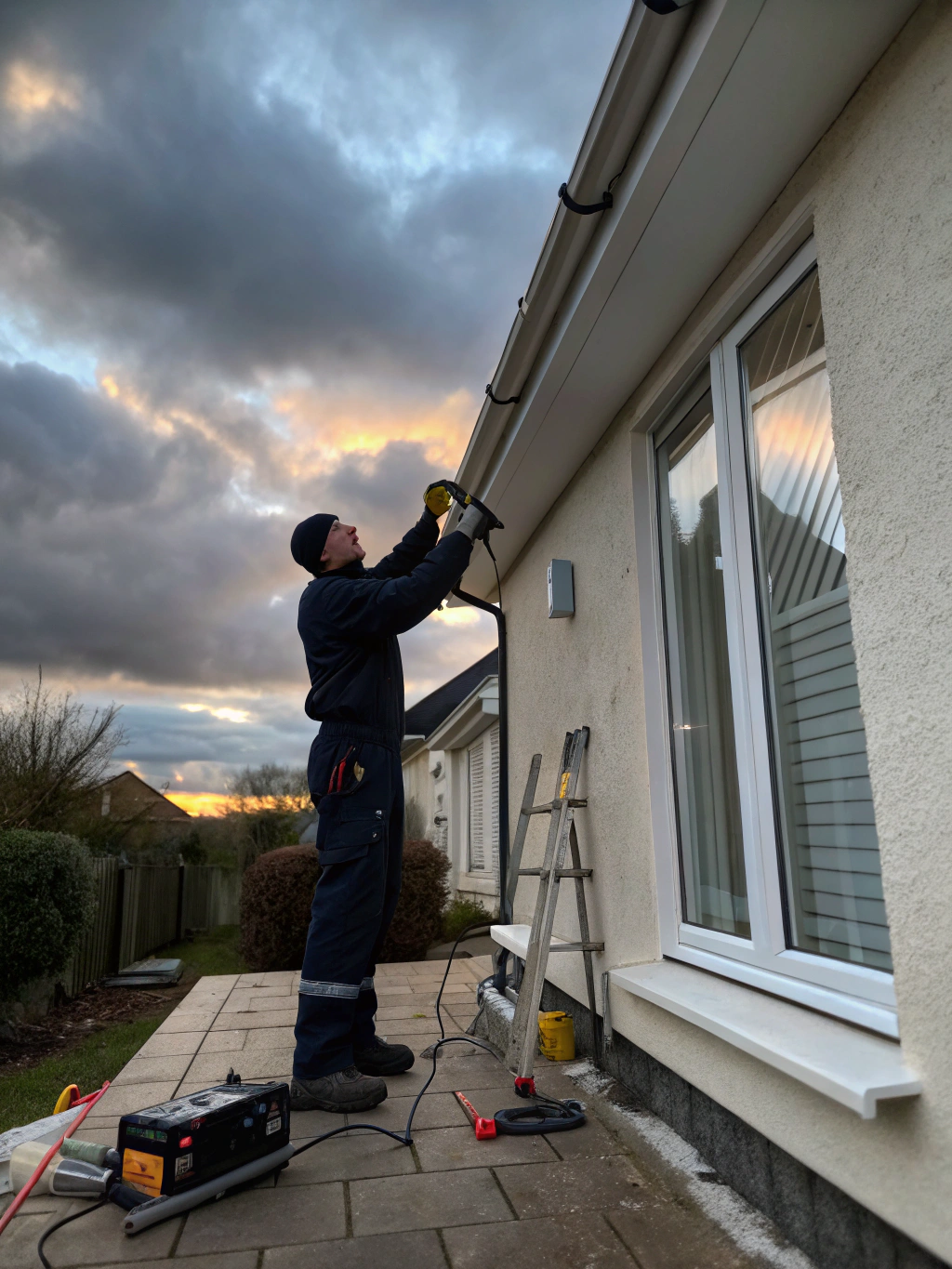 Technician sealing an upper wall gap near a window