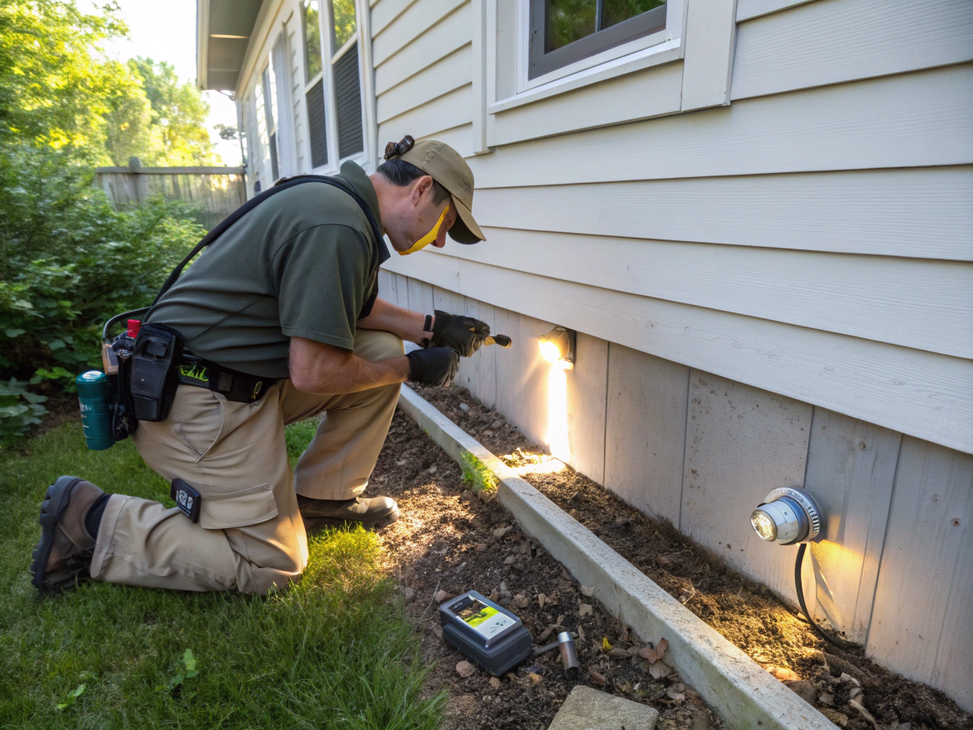Technician inspecting a groundhog burrow near a residential foundation
