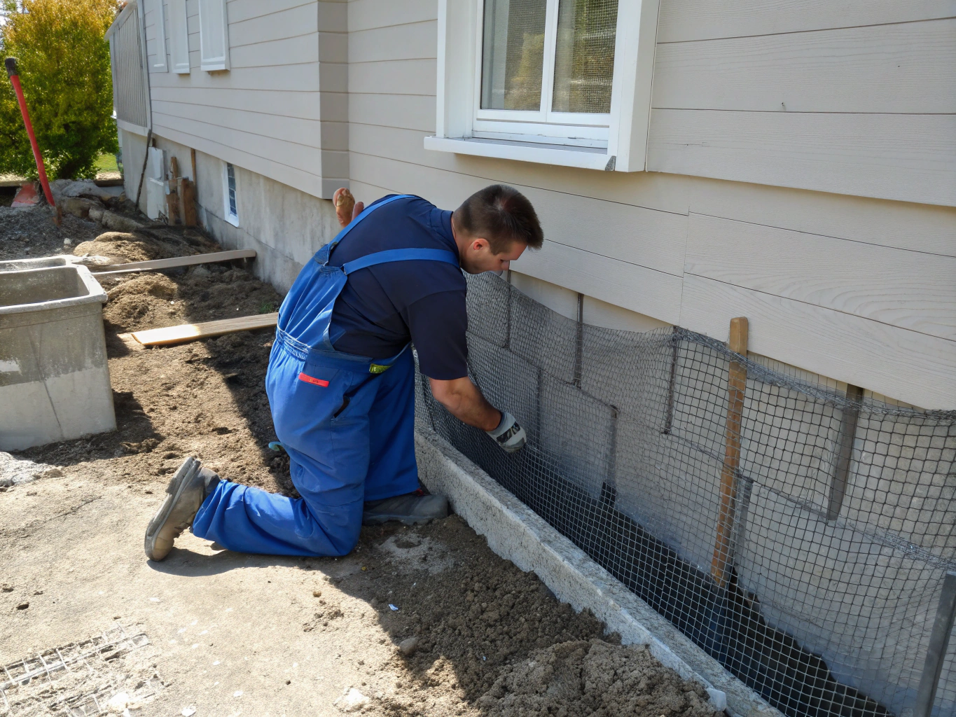 Installation of wire mesh exclusion barrier to prevent groundhog digging
