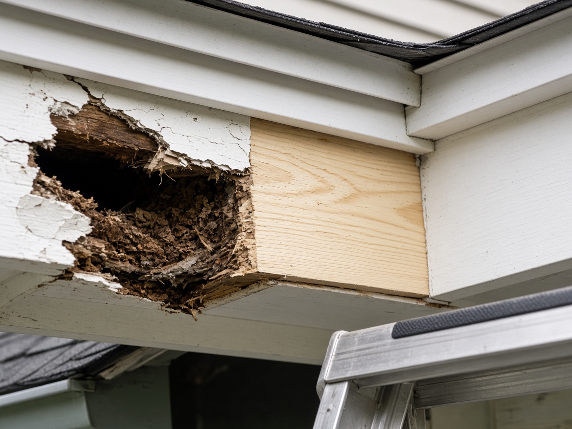 Chewed fascia board repaired after wildlife damage