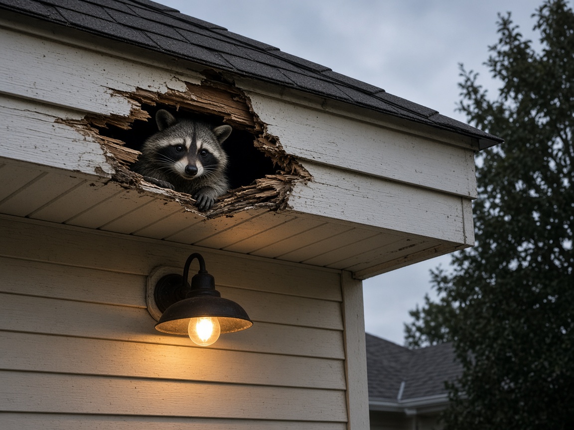 Raccoon looking out of a soffit hole at dusk