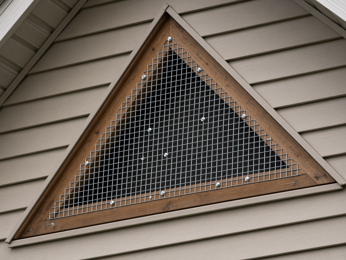 Gable vent covered with galvanized mesh to block wildlife entry