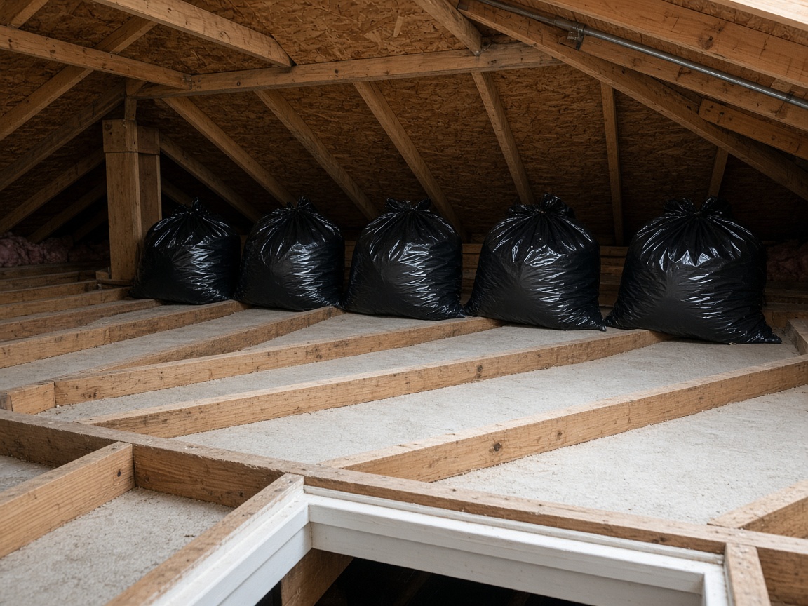 Bagged contaminated insulation removed during attic restoration