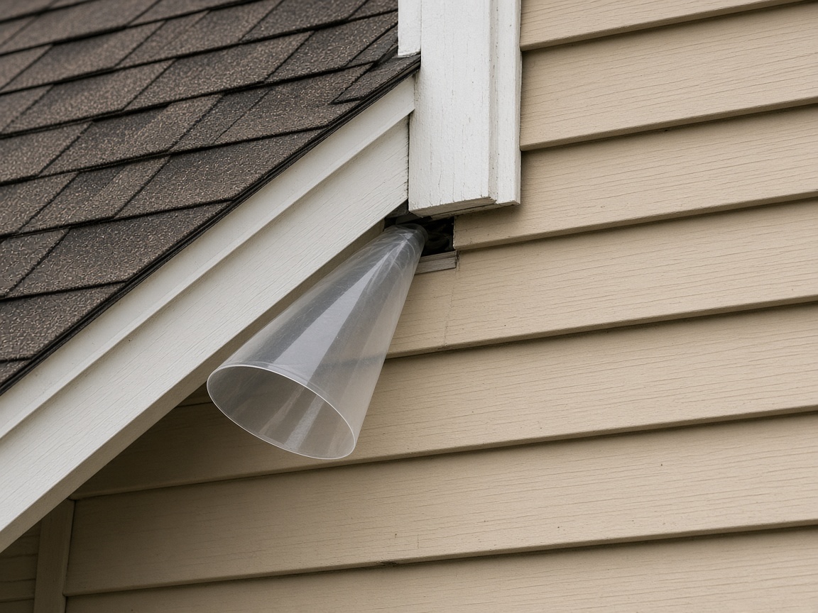 One-way bat exclusion device installed at a roofline gap