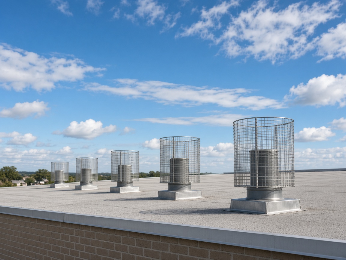 Mesh guards on commercial roof vents to keep wildlife out