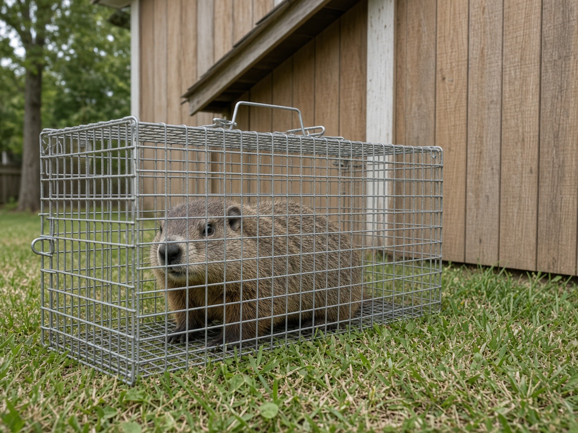 Groundhog in a live trap beside a backyard shed
