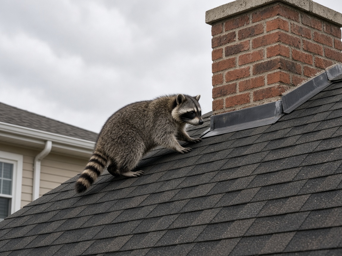 Raccoon on a house roof next to the chimney