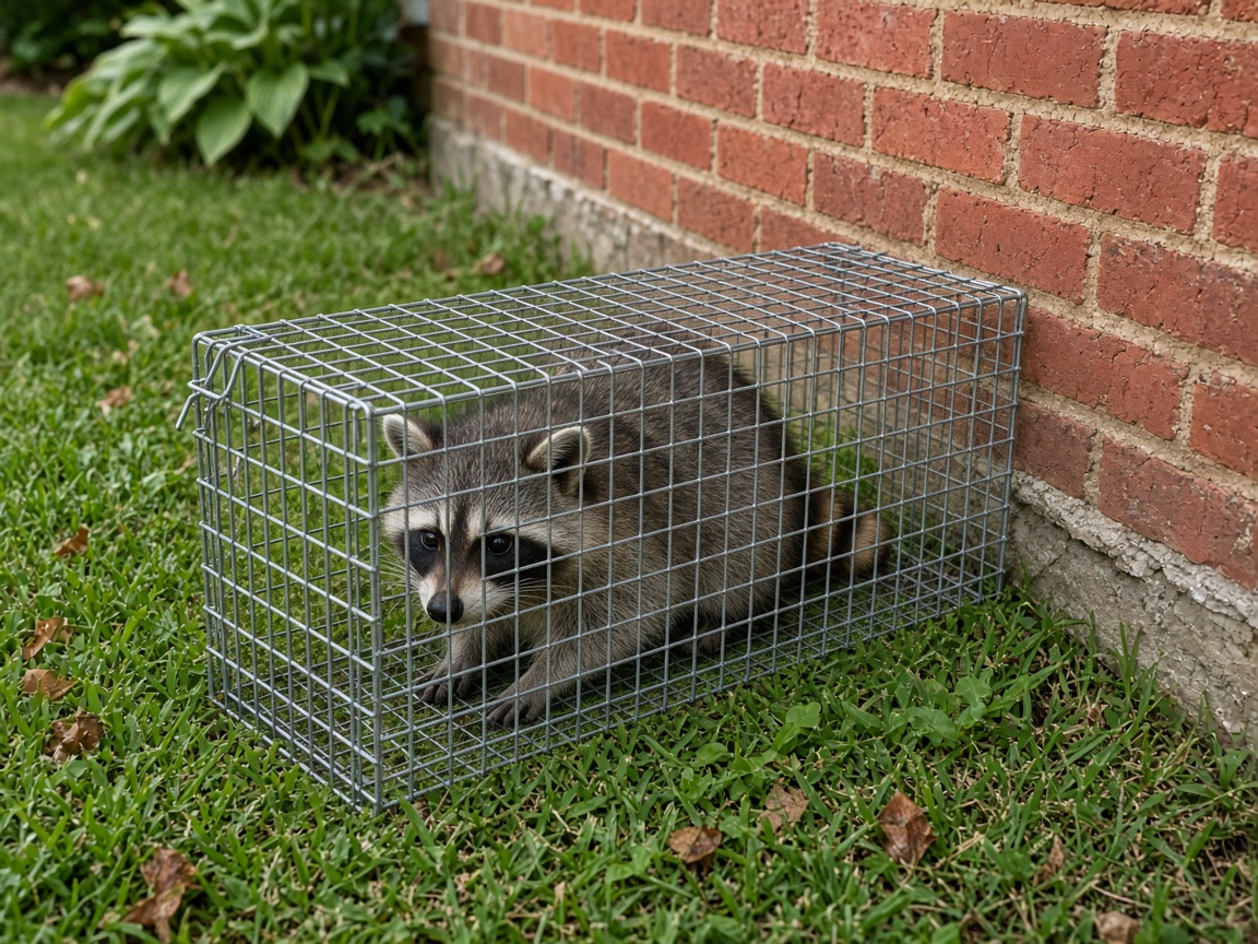 Raccoon in a humane live cage trap beside a home foundation