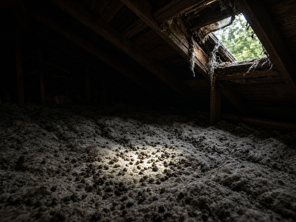 Flashlight revealing droppings and a torn vent during an attic inspection