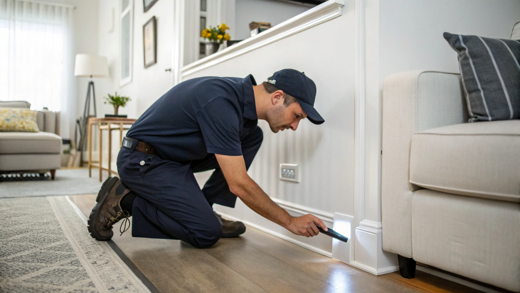 Professional wildlife technician inspecting a residential attic for mouse entry points