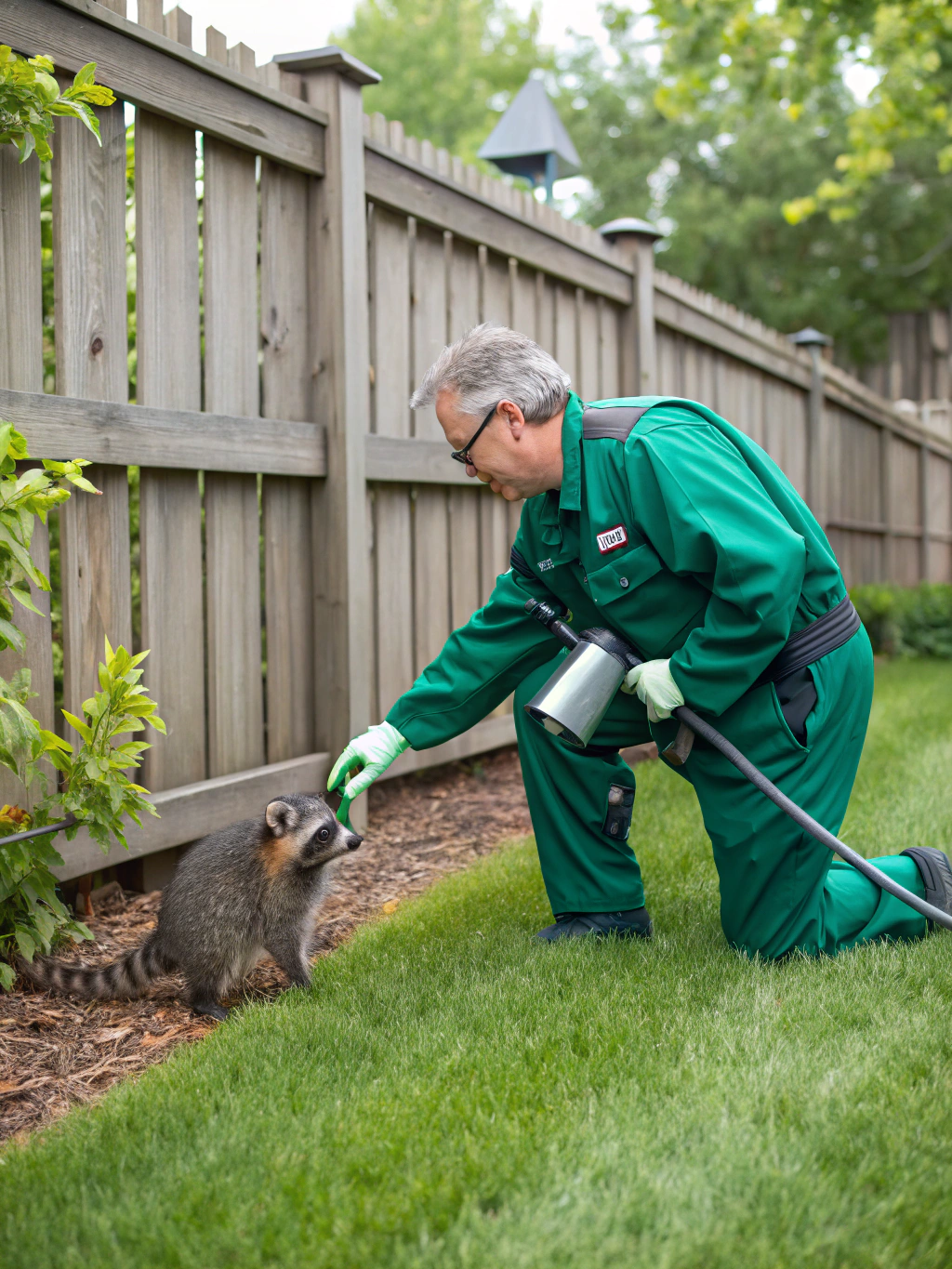 Technician in coveralls near a raccoon in a yard