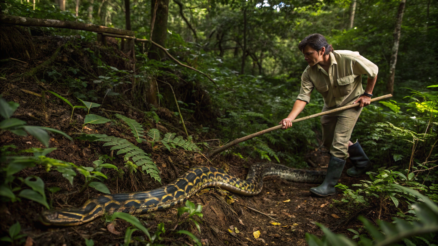 Professional wildlife technician performing humane snake removal in a residential yard