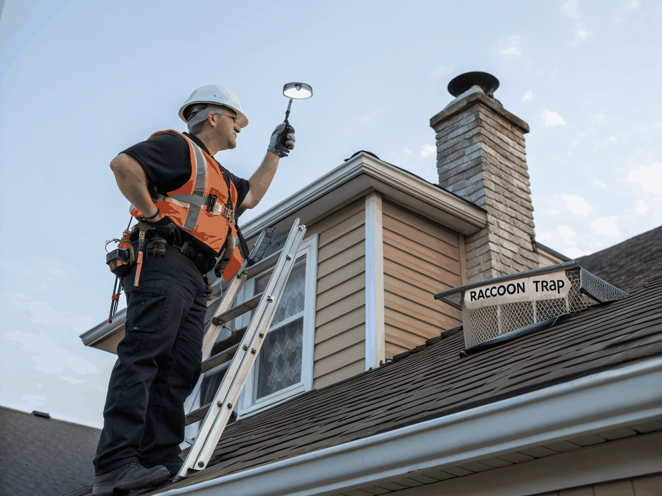 Technician on a residential roof inspecting a dormer
