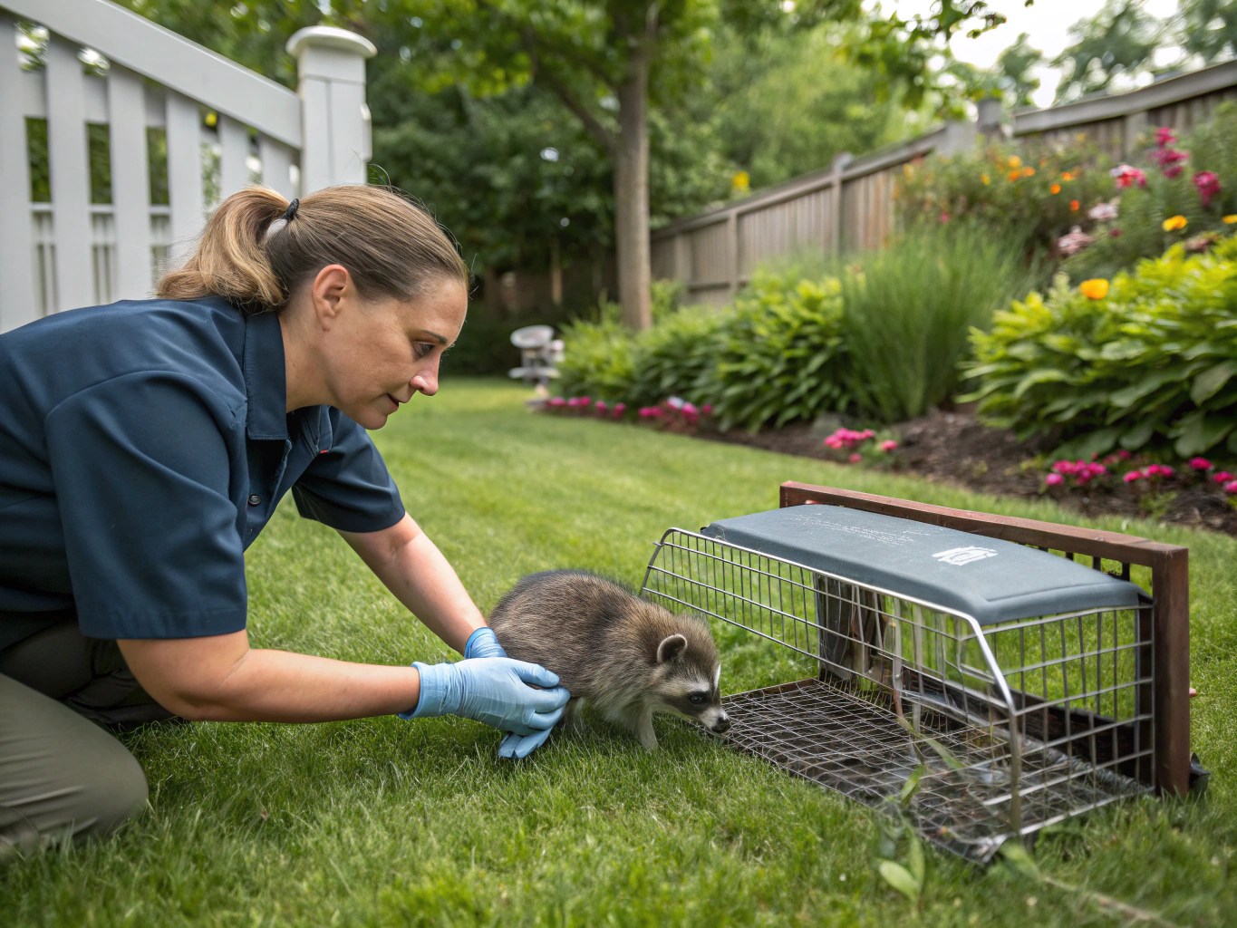 Professional wildlife technician using humane trapping equipment in a residential yard