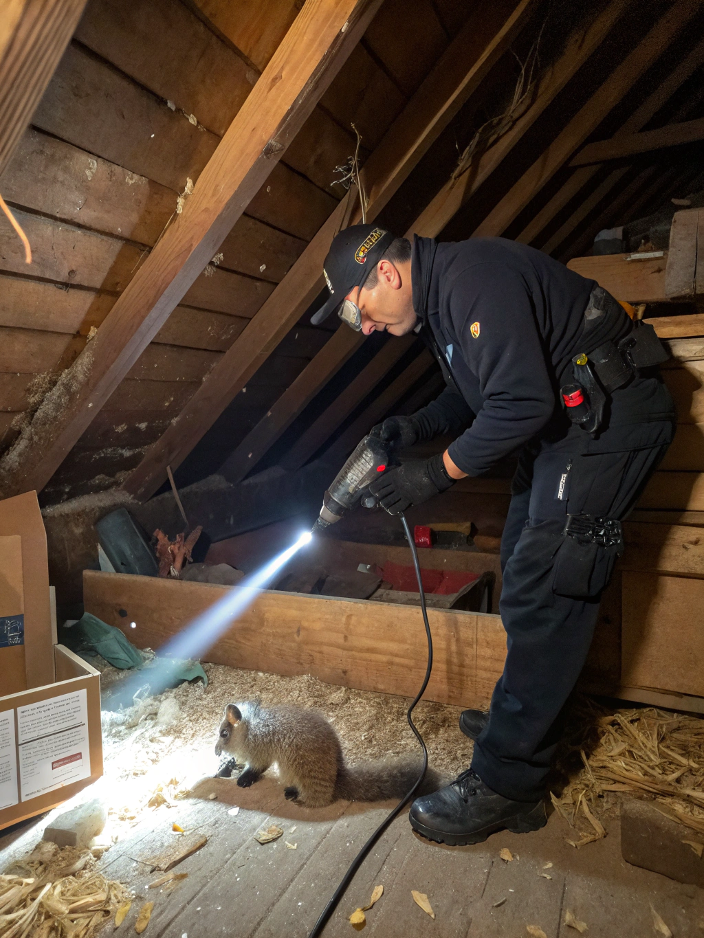 Technician inspecting an attic with a flashlight