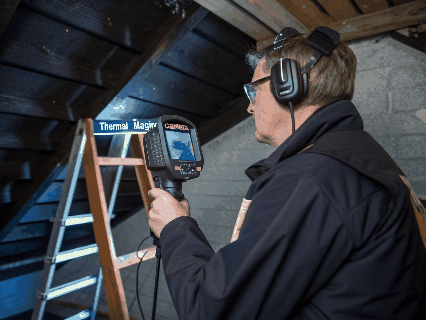 Professional wildlife technician inspecting home exterior
